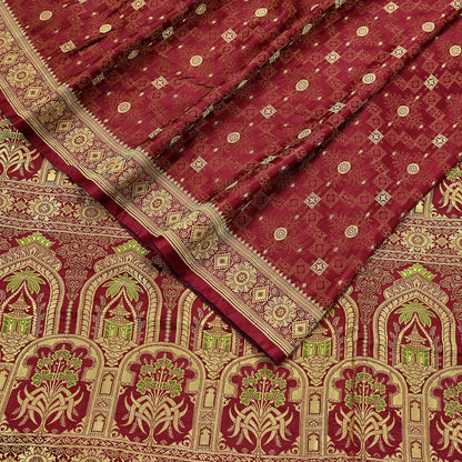 Vintage Maroon Banarasi Silk Saree Pure Satin Silk Handwoven Tanchoi Fabric with Floral Weave 5 Yard Dressmaking Craft Material