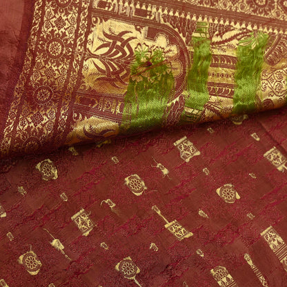 Vintage Maroon Banarasi Silk Saree Pure Satin Silk Handwoven Tanchoi Fabric with Floral Weave 5 Yard Dressmaking Craft Material
