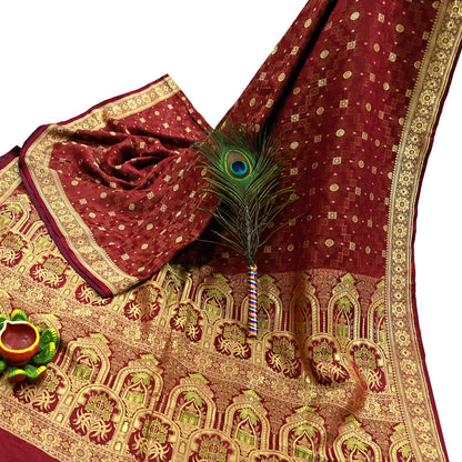 Vintage Maroon Banarasi Silk Saree Pure Satin Silk Handwoven Tanchoi Fabric with Floral Weave 5 Yard Dressmaking Craft Material