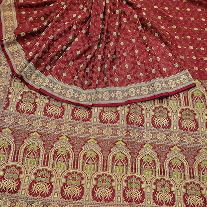 Vintage Maroon Banarasi Silk Saree Pure Satin Silk Handwoven Tanchoi Fabric with Floral Weave 5 Yard Dressmaking Craft Material
