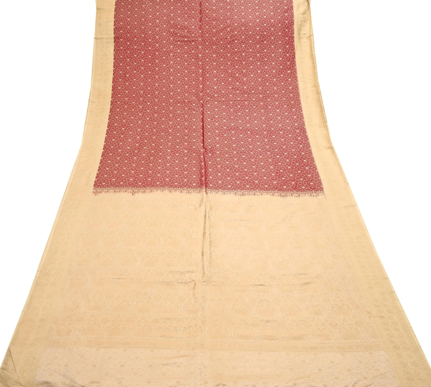 Vintage Red & Beige Banarasi Silk Saree Pure Satin Silk Handwoven Tanchoi Fabric with Paisley Weave 5 Yard Dressmaking Craft Material