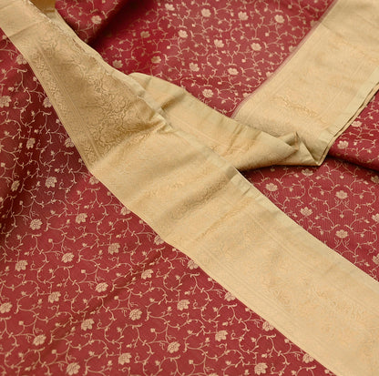 Vintage Red & Beige Banarasi Silk Saree Pure Satin Silk Handwoven Tanchoi Fabric with Paisley Weave 5 Yard Dressmaking Craft Material