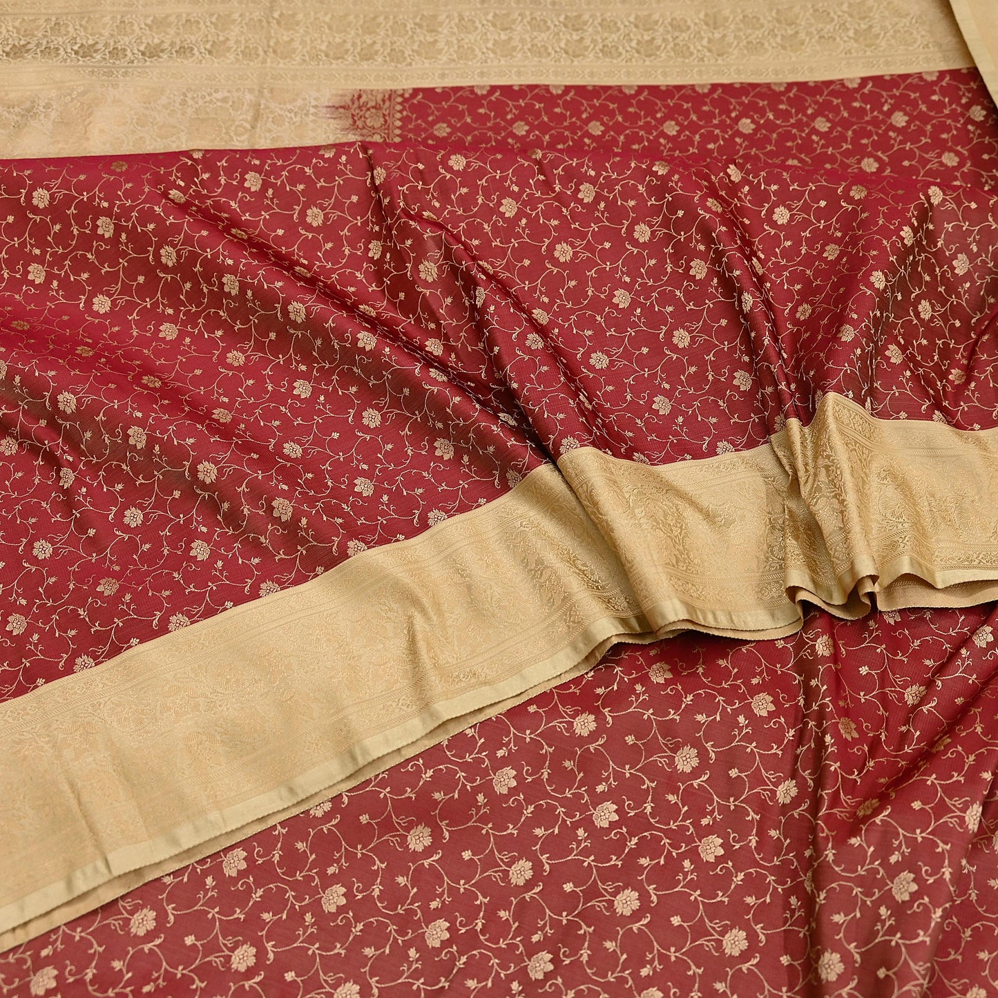 Vintage Red & Beige Banarasi Silk Saree Pure Satin Silk Handwoven Tanchoi Fabric with Paisley Weave 5 Yard Dressmaking Craft Material