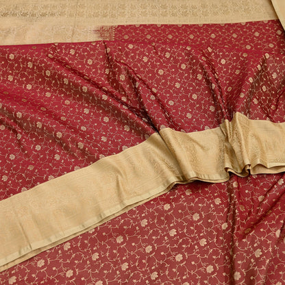 Vintage Red & Beige Banarasi Silk Saree Pure Satin Silk Handwoven Tanchoi Fabric with Paisley Weave 5 Yard Dressmaking Craft Material