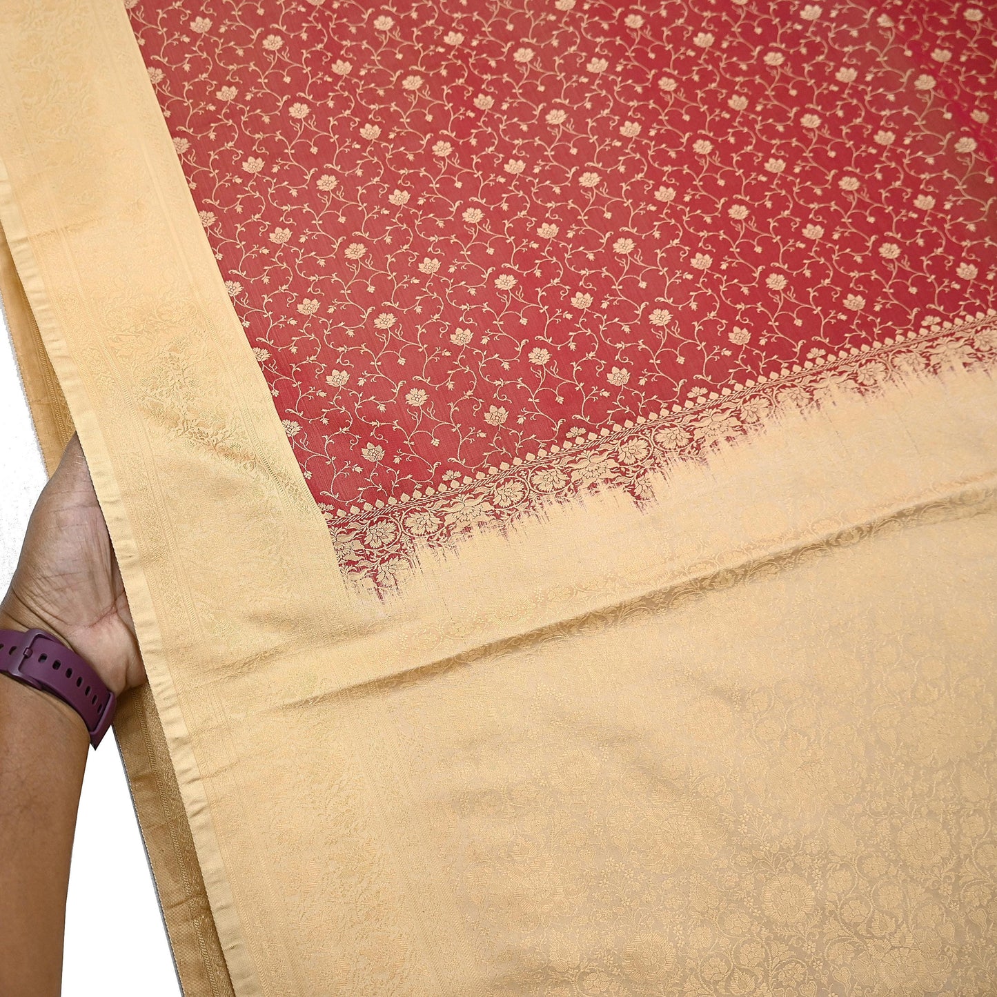 Vintage Red & Beige Banarasi Silk Saree Pure Satin Silk Handwoven Tanchoi Fabric with Paisley Weave 5 Yard Dressmaking Craft Material