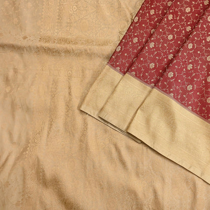 Vintage Red & Beige Banarasi Silk Saree Pure Satin Silk Handwoven Tanchoi Fabric with Paisley Weave 5 Yard Dressmaking Craft Material