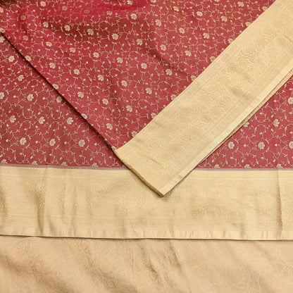 Vintage Red & Beige Banarasi Silk Saree Pure Satin Silk Handwoven Tanchoi Fabric with Paisley Weave 5 Yard Dressmaking Craft Material