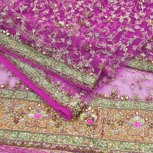 Indian Vintage Heavy Purple Dupatta Net Mesh Long Stole Hand Embroidered Scarves Golden Zardozi Dabka Zari Stole