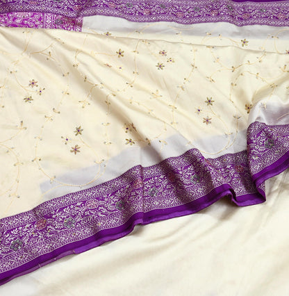 Indian Vintage Sari Purple & White Artificial Silk Hand Embroidered Sarees Craft Fabric 5Yd Sewing Soft Sequins Upcycle Dress Making