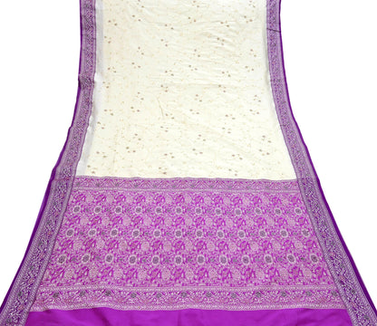 Indian Vintage Sari Purple & White Artificial Silk Hand Embroidered Sarees Craft Fabric 5Yd Sewing Soft Sequins Upcycle Dress Making