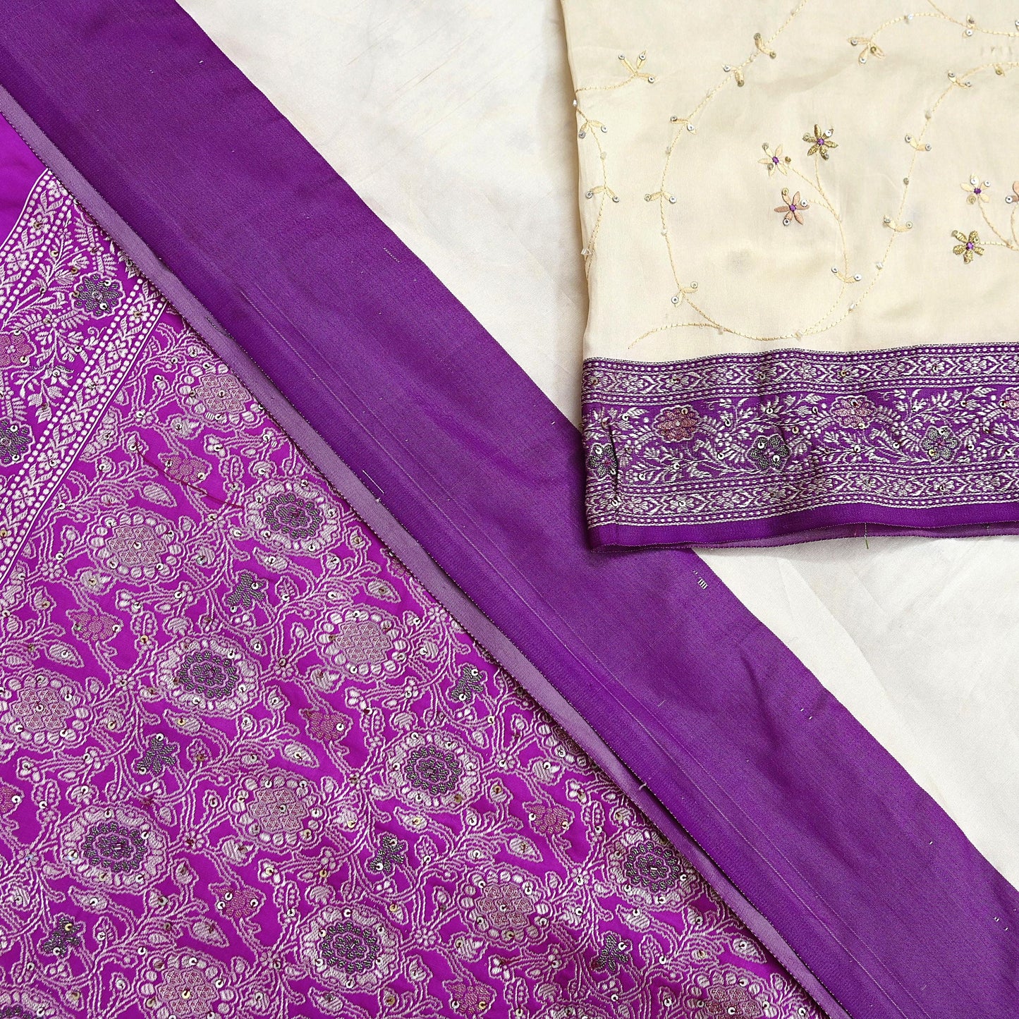 Indian Vintage Sari Purple & White Artificial Silk Hand Embroidered Sarees Craft Fabric 5Yd Sewing Soft Sequins Upcycle Dress Making