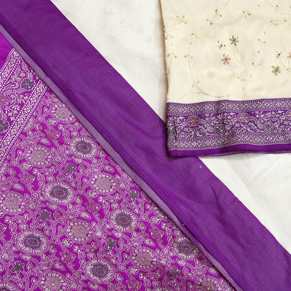 Indian Vintage Sari Purple & White Artificial Silk Hand Embroidered Sarees Craft Fabric 5Yd Sewing Soft Sequins Upcycle Dress Making