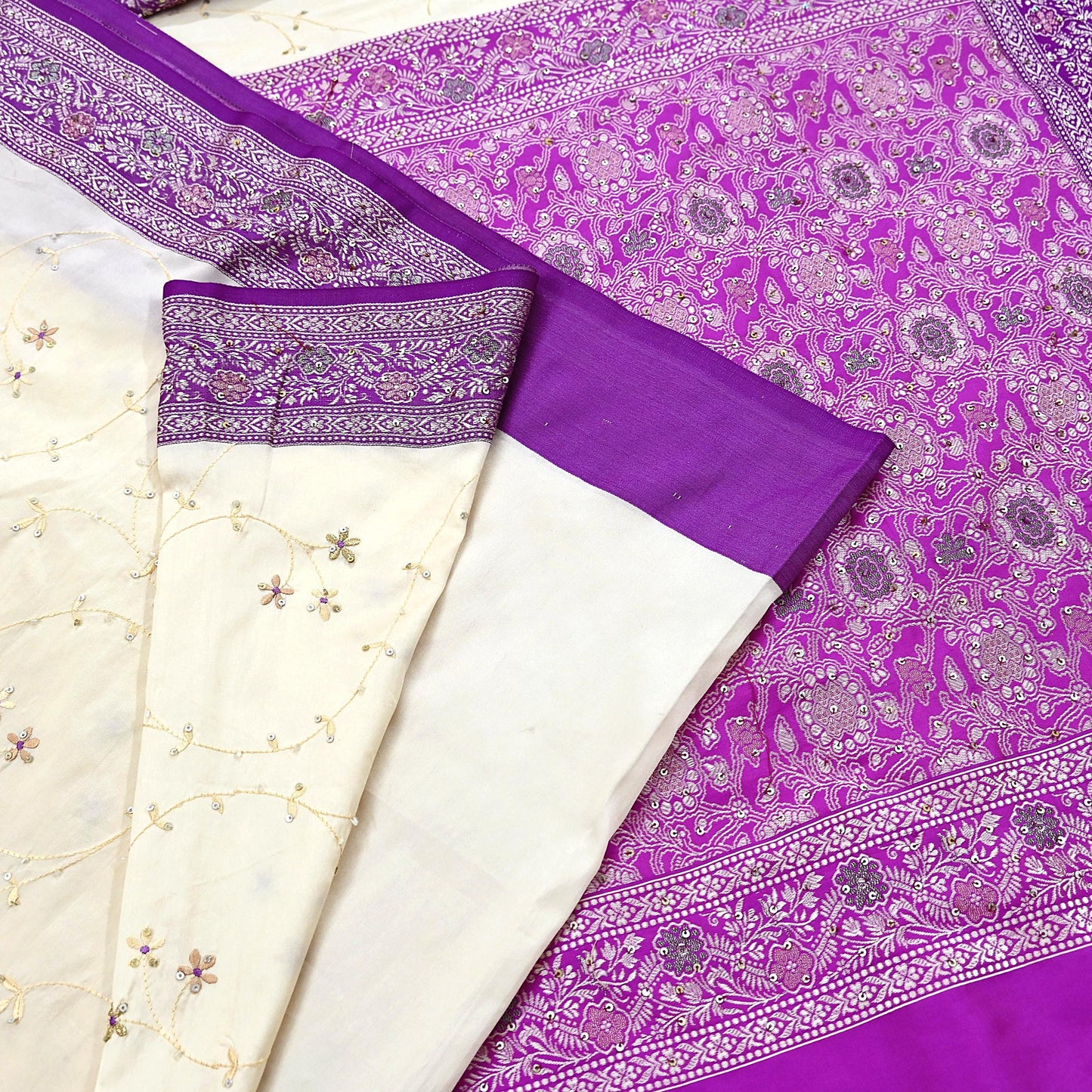 Indian Vintage Sari Purple & White Artificial Silk Hand Embroidered Sarees Craft Fabric 5Yd Sewing Soft Sequins Upcycle Dress Making