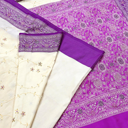 Indian Vintage Sari Purple & White Artificial Silk Hand Embroidered Sarees Craft Fabric 5Yd Sewing Soft Sequins Upcycle Dress Making
