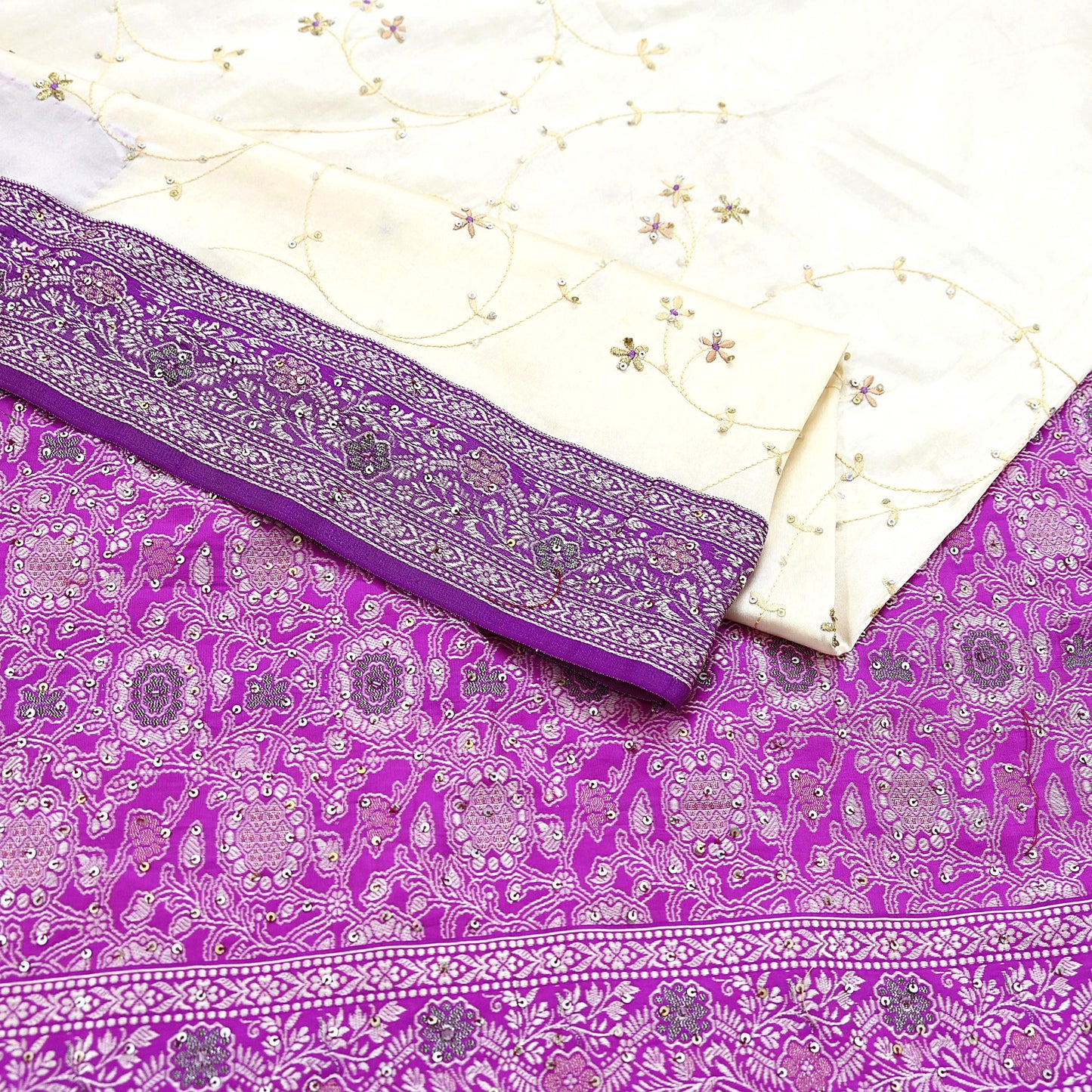 Indian Vintage Sari Purple & White Artificial Silk Hand Embroidered Sarees Craft Fabric 5Yd Sewing Soft Sequins Upcycle Dress Making