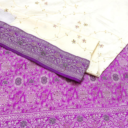 Indian Vintage Sari Purple & White Artificial Silk Hand Embroidered Sarees Craft Fabric 5Yd Sewing Soft Sequins Upcycle Dress Making