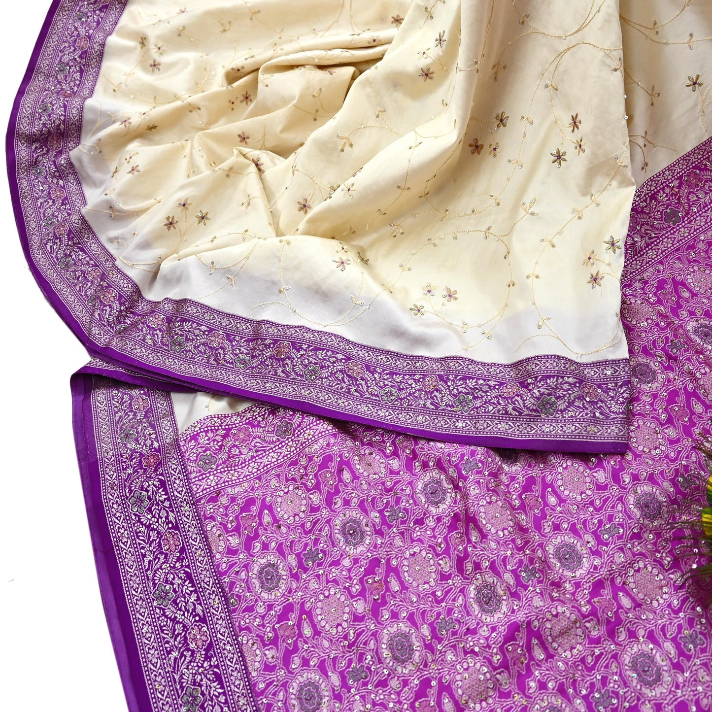 Indian Vintage Sari Purple & White Artificial Silk Hand Embroidered Sarees Craft Fabric 5Yd Sewing Soft Sequins Upcycle Dress Making