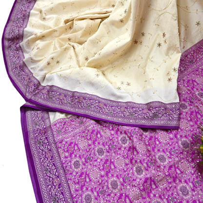 Indian Vintage Sari Purple & White Artificial Silk Hand Embroidered Sarees Craft Fabric 5Yd Sewing Soft Sequins Upcycle Dress Making