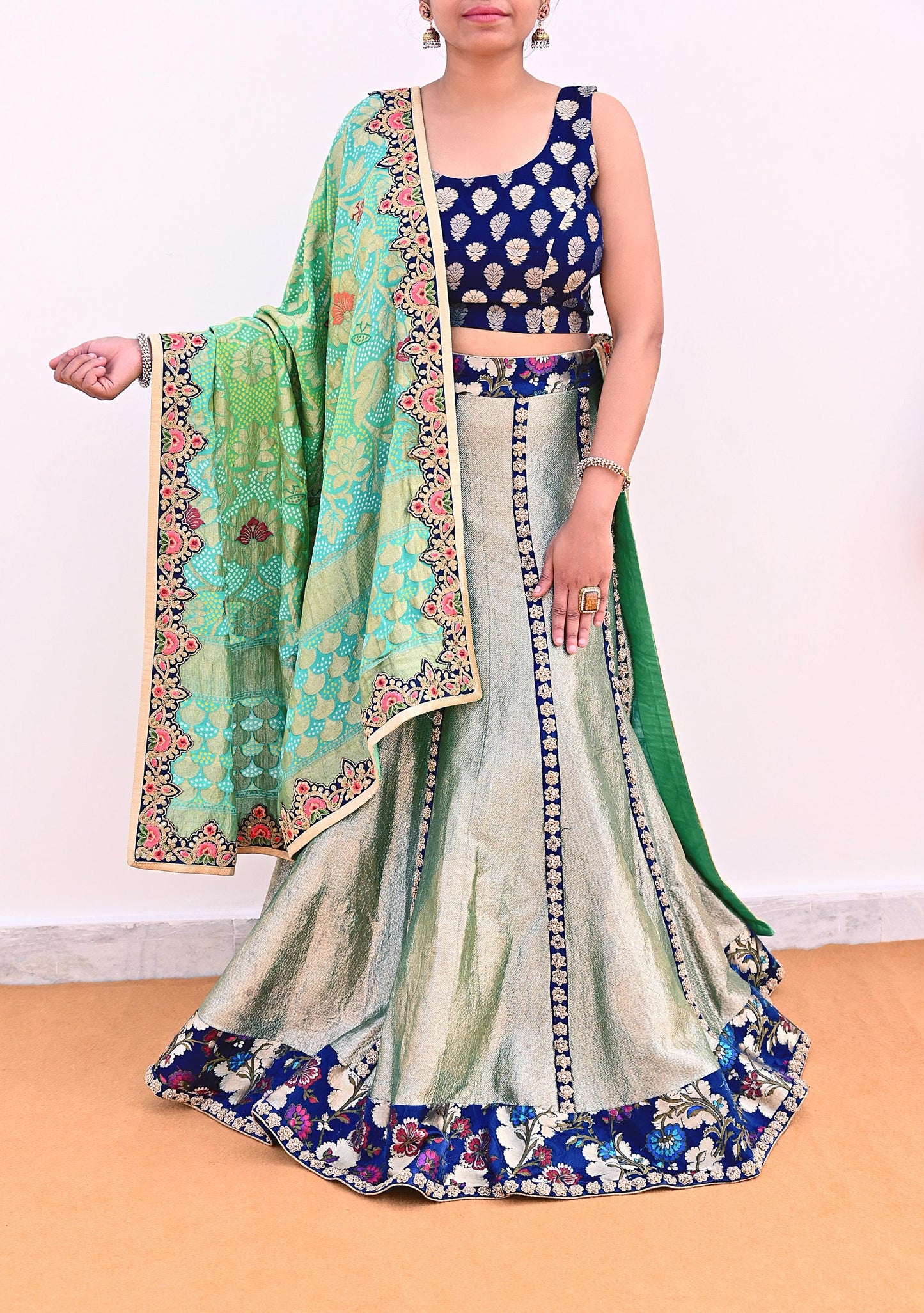 Indian Pre-Owned Party Wear Green & Blue Pure Tissue, Pure Georgette, Satin Hand Embroidered Lehenga 2pcs Set Designer By Anamika Khanna