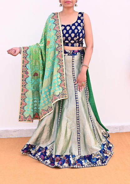 Indian Pre-Owned Party Wear Green & Blue Pure Tissue, Pure Georgette, Satin Hand Embroidered Lehenga 2pcs Set Designer By Anamika Khanna