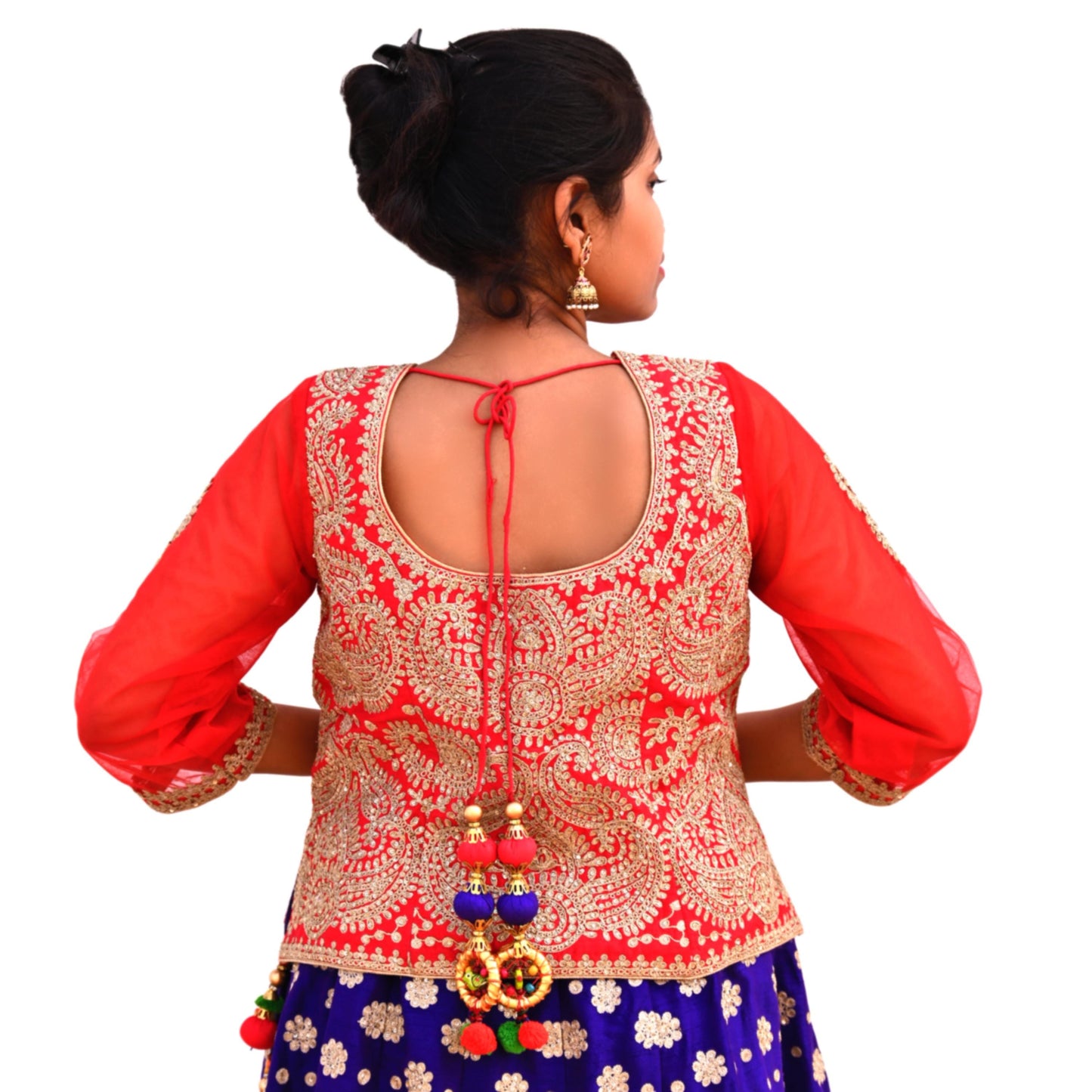 Pre-Owned Abu Jani Blue Red Raw Silk Bridal Lehenga 3pc Set, Hand Embroidered Couture Outfit, Designer Wedding Lehenga with Dupatta
