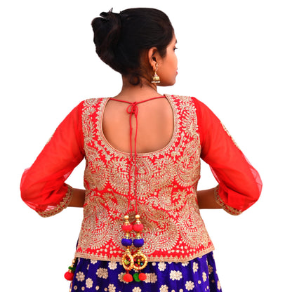 Pre-Owned Abu Jani Blue Red Raw Silk Bridal Lehenga 3pc Set, Hand Embroidered Couture Outfit, Designer Wedding Lehenga with Dupatta