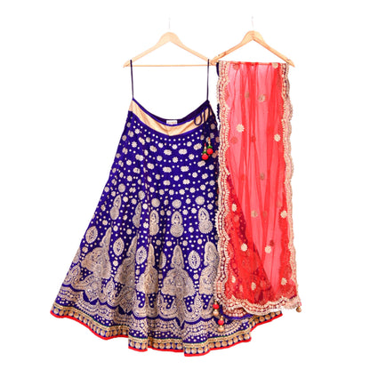 Pre-Owned Abu Jani Blue Red Raw Silk Bridal Lehenga 3pc Set, Hand Embroidered Couture Outfit, Designer Wedding Lehenga with Dupatta