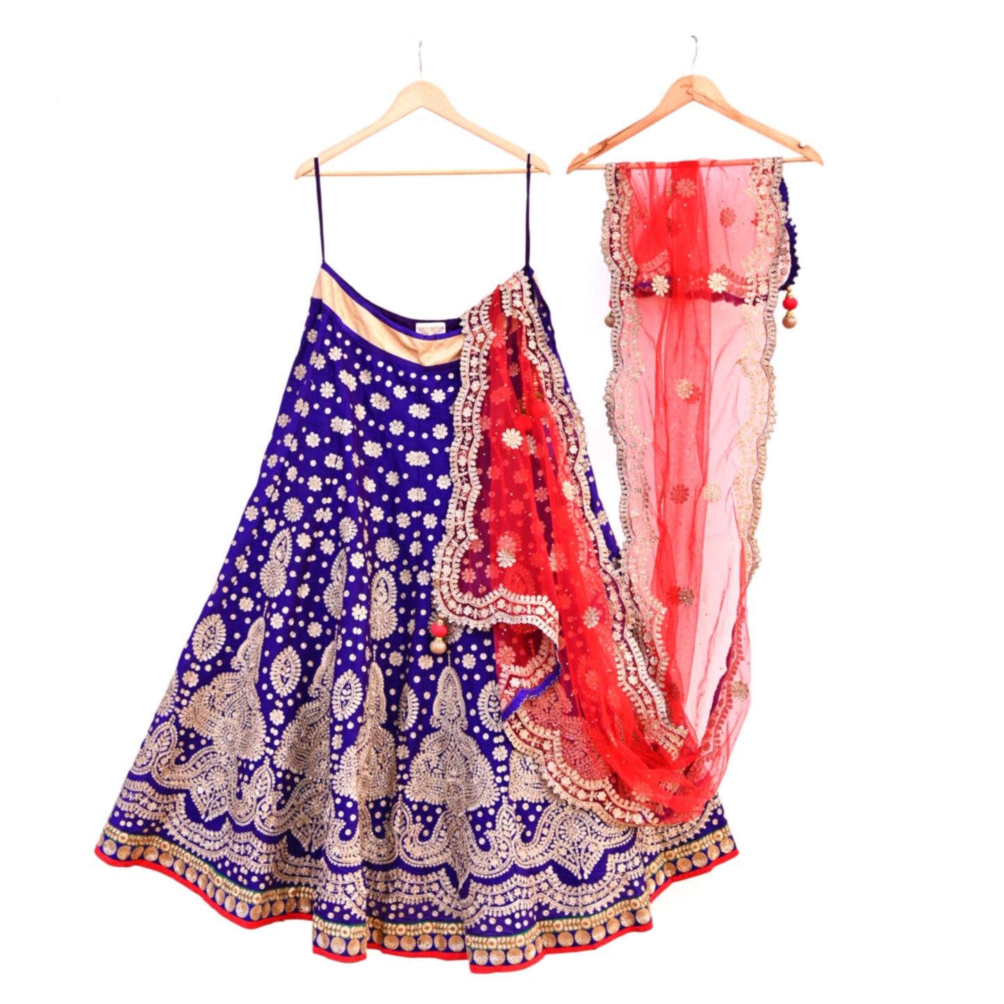 Pre-Owned Abu Jani Blue Red Raw Silk Bridal Lehenga 3pc Set, Hand Embroidered Couture Outfit, Designer Wedding Lehenga with Dupatta