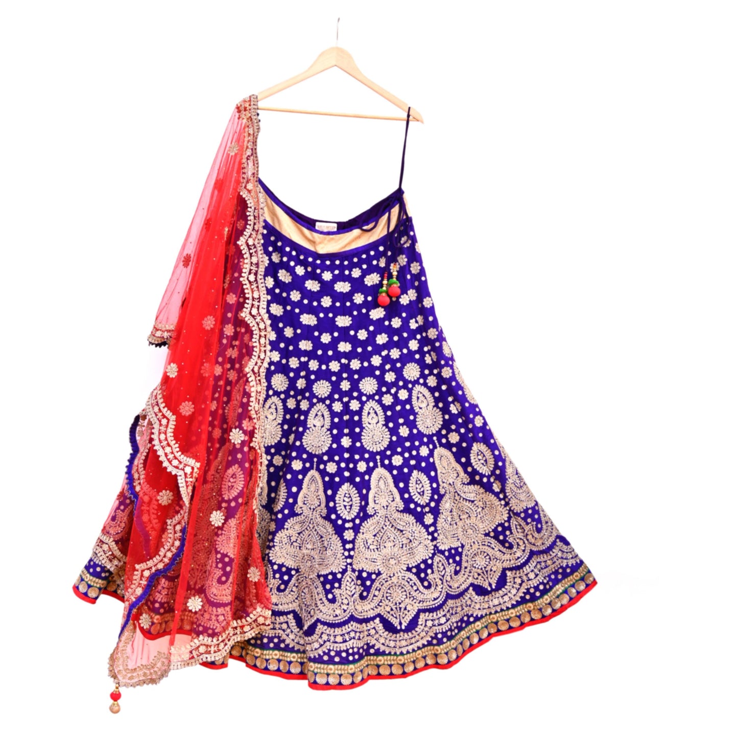 Pre-Owned Abu Jani Blue Red Raw Silk Bridal Lehenga 3pc Set, Hand Embroidered Couture Outfit, Designer Wedding Lehenga with Dupatta