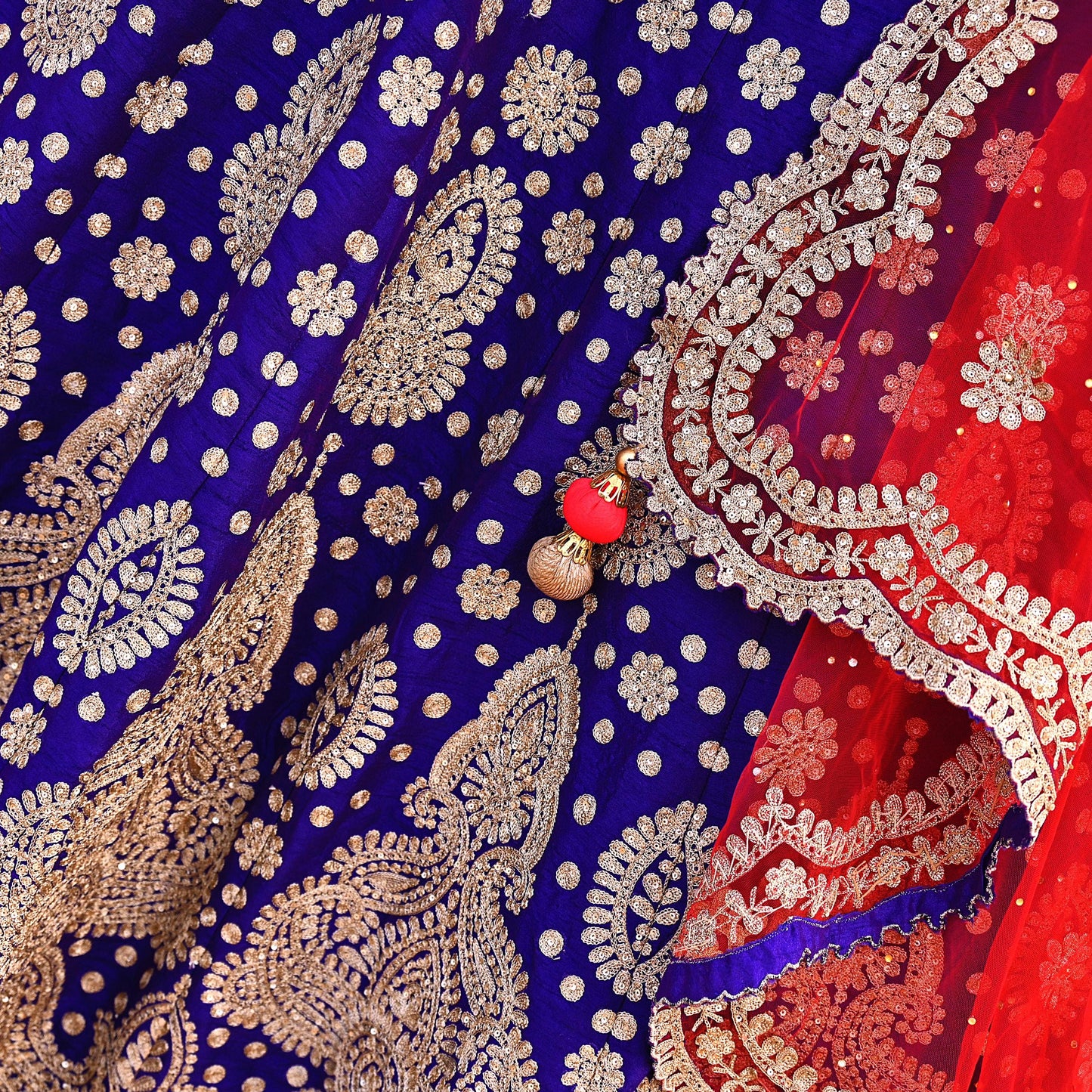 Pre-Owned Abu Jani Blue Red Raw Silk Bridal Lehenga 3pc Set, Hand Embroidered Couture Outfit, Designer Wedding Lehenga with Dupatta