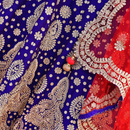 Pre-Owned Abu Jani Blue Red Raw Silk Bridal Lehenga 3pc Set, Hand Embroidered Couture Outfit, Designer Wedding Lehenga with Dupatta