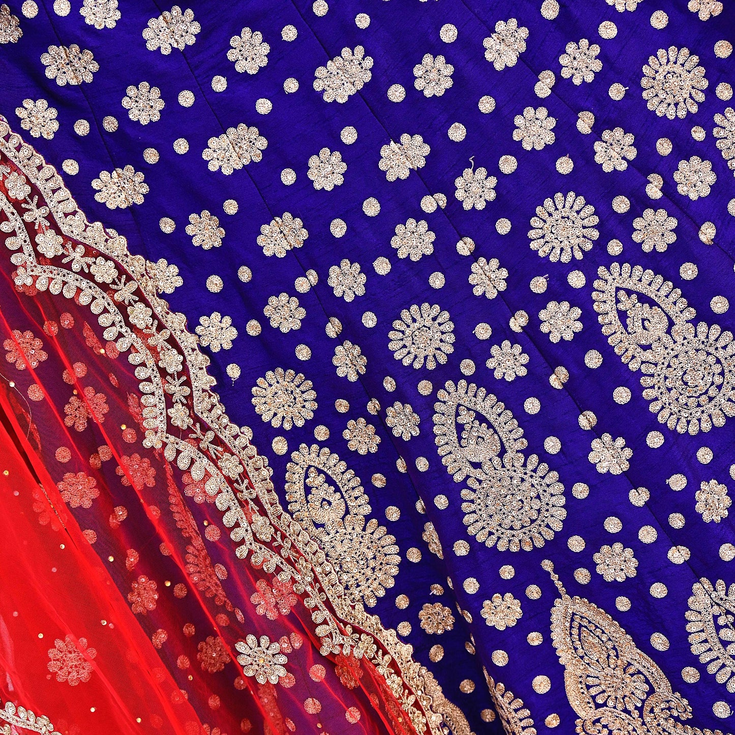 Pre-Owned Abu Jani Blue Red Raw Silk Bridal Lehenga 3pc Set, Hand Embroidered Couture Outfit, Designer Wedding Lehenga with Dupatta
