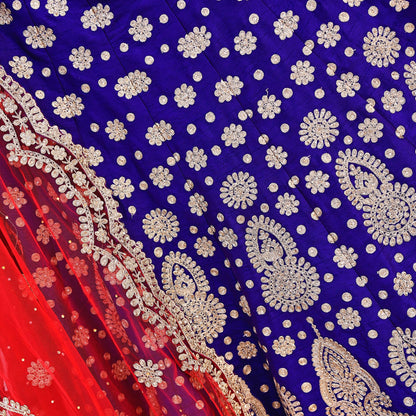 Pre-Owned Abu Jani Blue Red Raw Silk Bridal Lehenga 3pc Set, Hand Embroidered Couture Outfit, Designer Wedding Lehenga with Dupatta