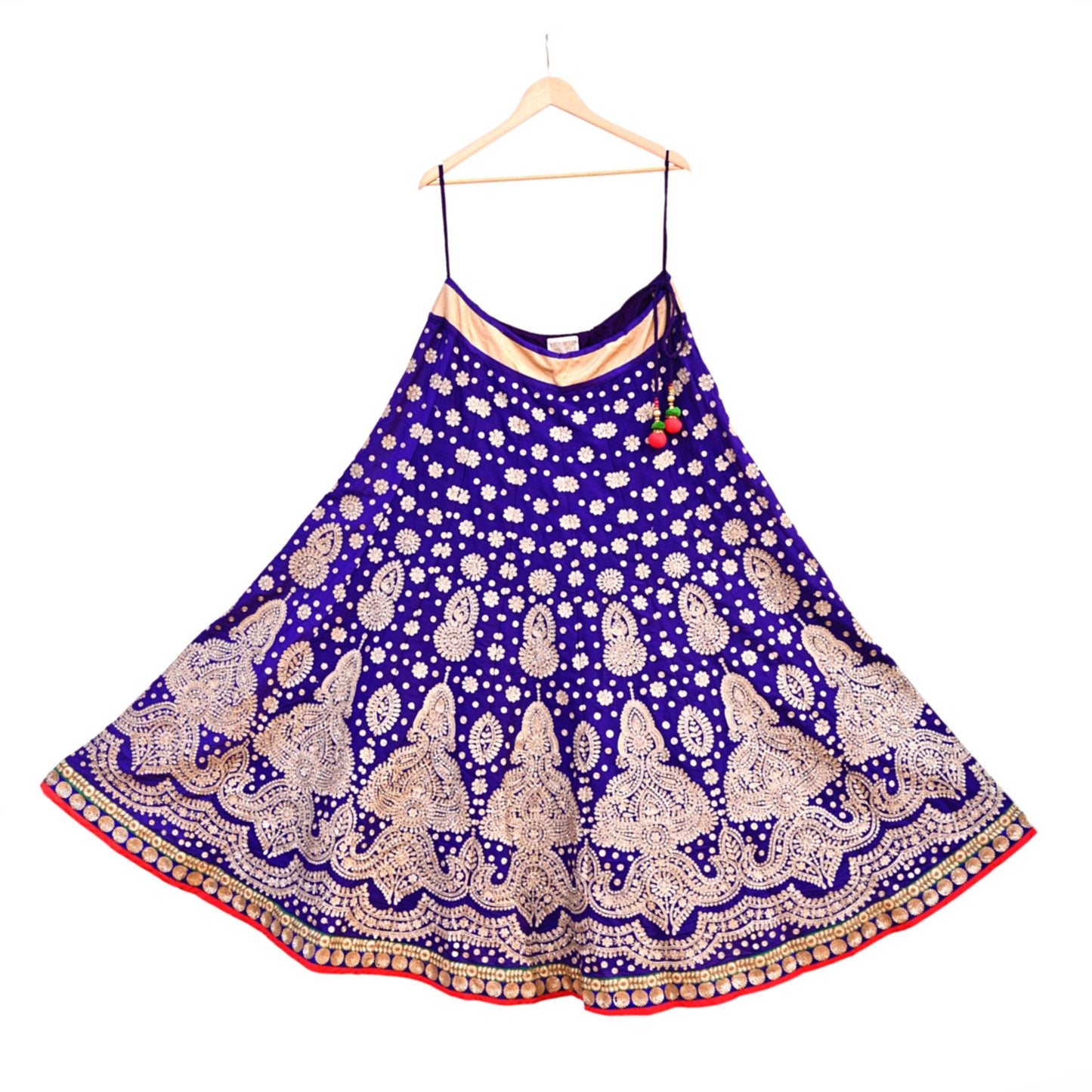 Pre-Owned Abu Jani Blue Red Raw Silk Bridal Lehenga 3pc Set, Hand Embroidered Couture Outfit, Designer Wedding Lehenga with Dupatta