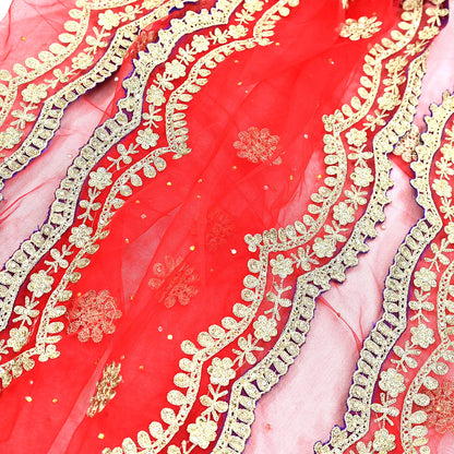 Pre-Owned Abu Jani Blue Red Raw Silk Bridal Lehenga 3pc Set, Hand Embroidered Couture Outfit, Designer Wedding Lehenga with Dupatta