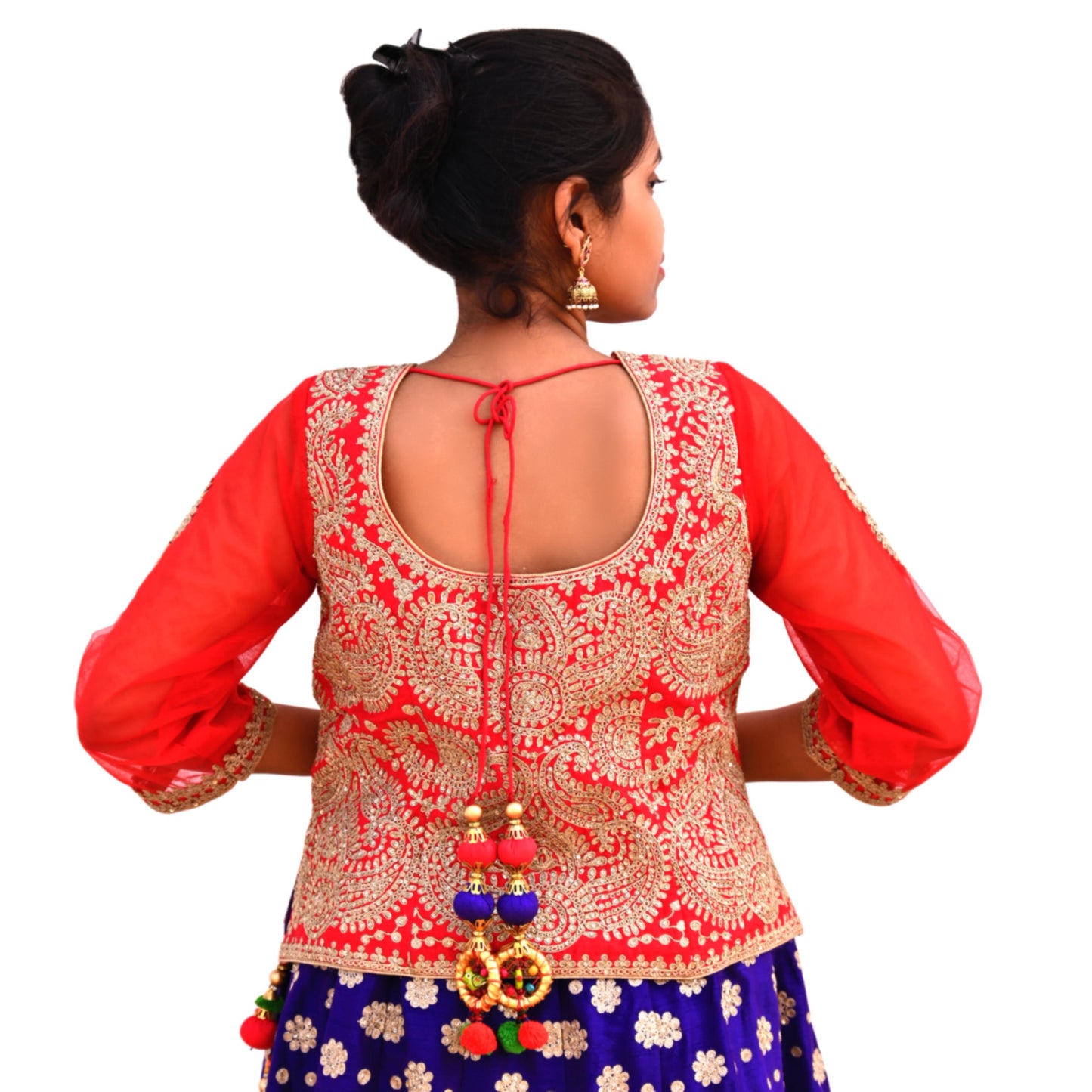 Indian Pre-owned Designer Abu jani Red Raw Silk Hand Embroidered Blouse/Top/Crop L Size Party wear Bollywood