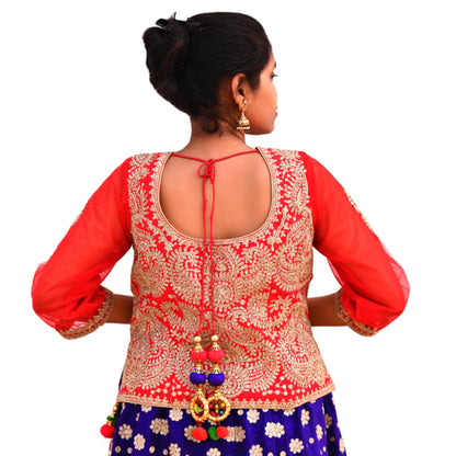 Indian Pre-owned Designer Abu jani Red Raw Silk Hand Embroidered Blouse/Top/Crop L Size Party wear Bollywood