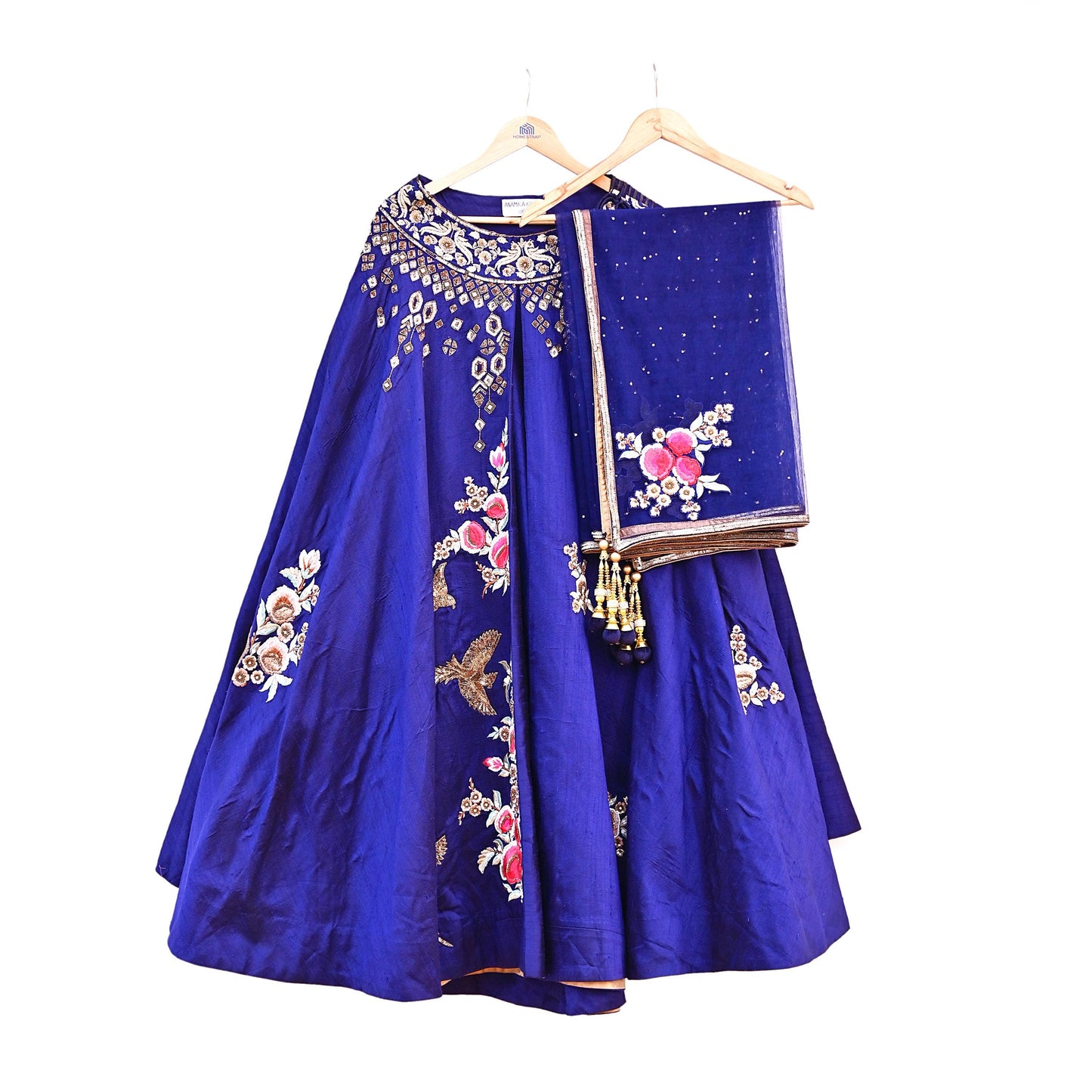 Anamika Khanna Deep Blue Raw Silk Bridal Lehenga Set Heavy Hand Embroidered Wedding Outfit with Net Dupatta Couture Indian Wear