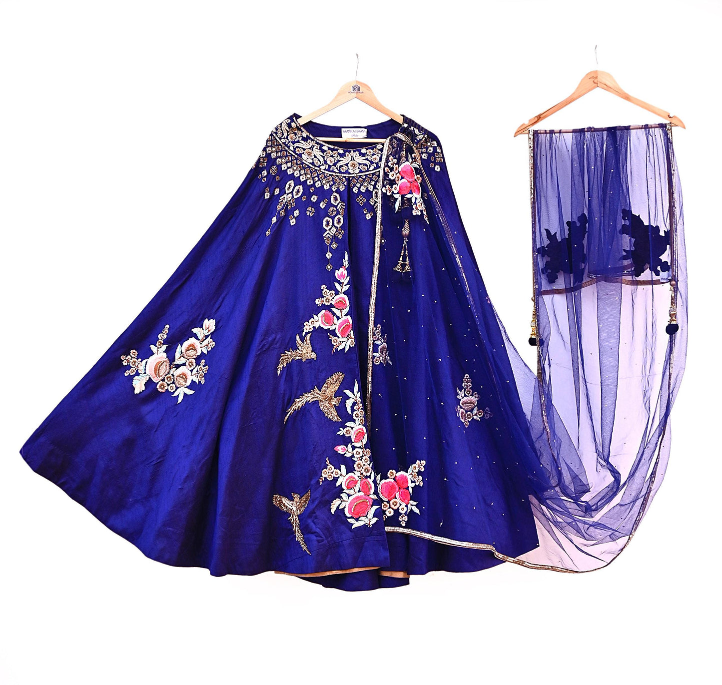 Anamika Khanna Deep Blue Raw Silk Bridal Lehenga Set Heavy Hand Embroidered Wedding Outfit with Net Dupatta Couture Indian Wear