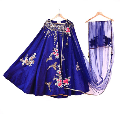 Anamika Khanna Deep Blue Raw Silk Bridal Lehenga Set Heavy Hand Embroidered Wedding Outfit with Net Dupatta Couture Indian Wear