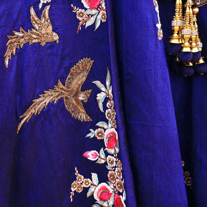Anamika Khanna Deep Blue Raw Silk Bridal Lehenga Set Heavy Hand Embroidered Wedding Outfit with Net Dupatta Couture Indian Wear