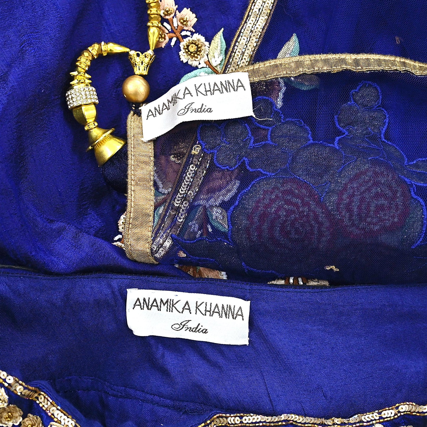 Anamika Khanna Deep Blue Raw Silk Bridal Lehenga Set Heavy Hand Embroidered Wedding Outfit with Net Dupatta Couture Indian Wear