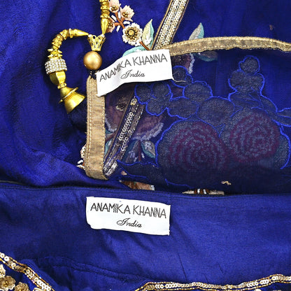 Anamika Khanna Deep Blue Raw Silk Bridal Lehenga Set Heavy Hand Embroidered Wedding Outfit with Net Dupatta Couture Indian Wear