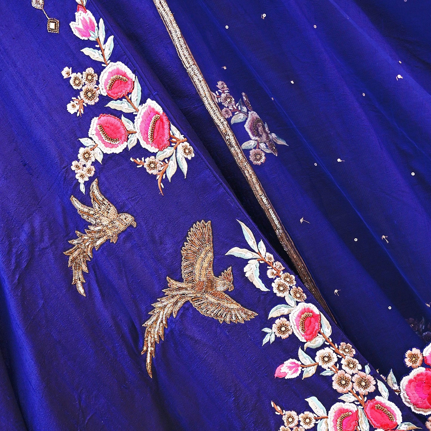Anamika Khanna Deep Blue Raw Silk Bridal Lehenga Set Heavy Hand Embroidered Wedding Outfit with Net Dupatta Couture Indian Wear
