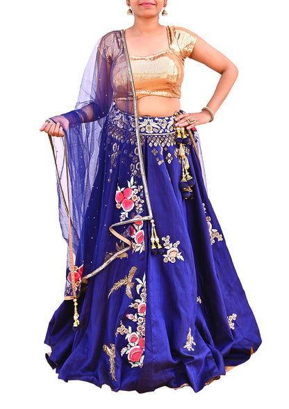 Anamika Khanna Deep Blue Raw Silk Bridal Lehenga Set Heavy Hand Embroidered Wedding Outfit with Net Dupatta Couture Indian Wear