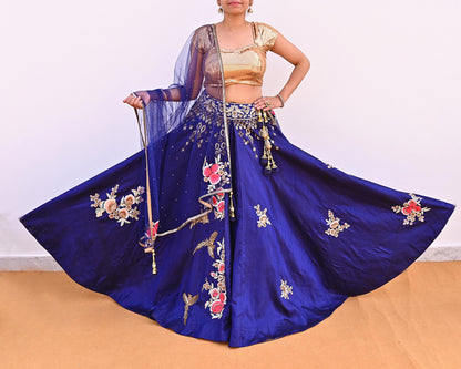 Anamika Khanna Deep Blue Raw Silk Bridal Lehenga Set Heavy Hand Embroidered Wedding Outfit with Net Dupatta Couture Indian Wear