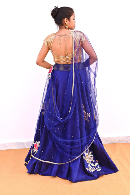 Anamika Khanna Deep Blue Raw Silk Bridal Lehenga Set Heavy Hand Embroidered Wedding Outfit with Net Dupatta Couture Indian Wear