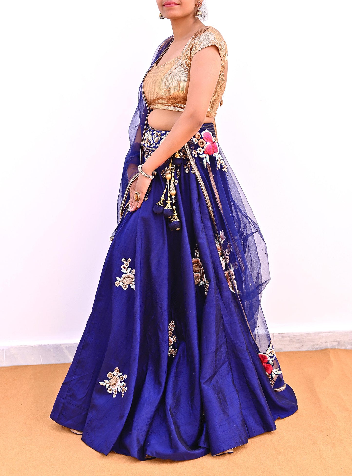 Anamika Khanna Deep Blue Raw Silk Bridal Lehenga Set Heavy Hand Embroidered Wedding Outfit with Net Dupatta Couture Indian Wear