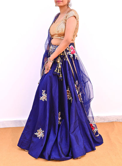 Anamika Khanna Deep Blue Raw Silk Bridal Lehenga Set Heavy Hand Embroidered Wedding Outfit with Net Dupatta Couture Indian Wear