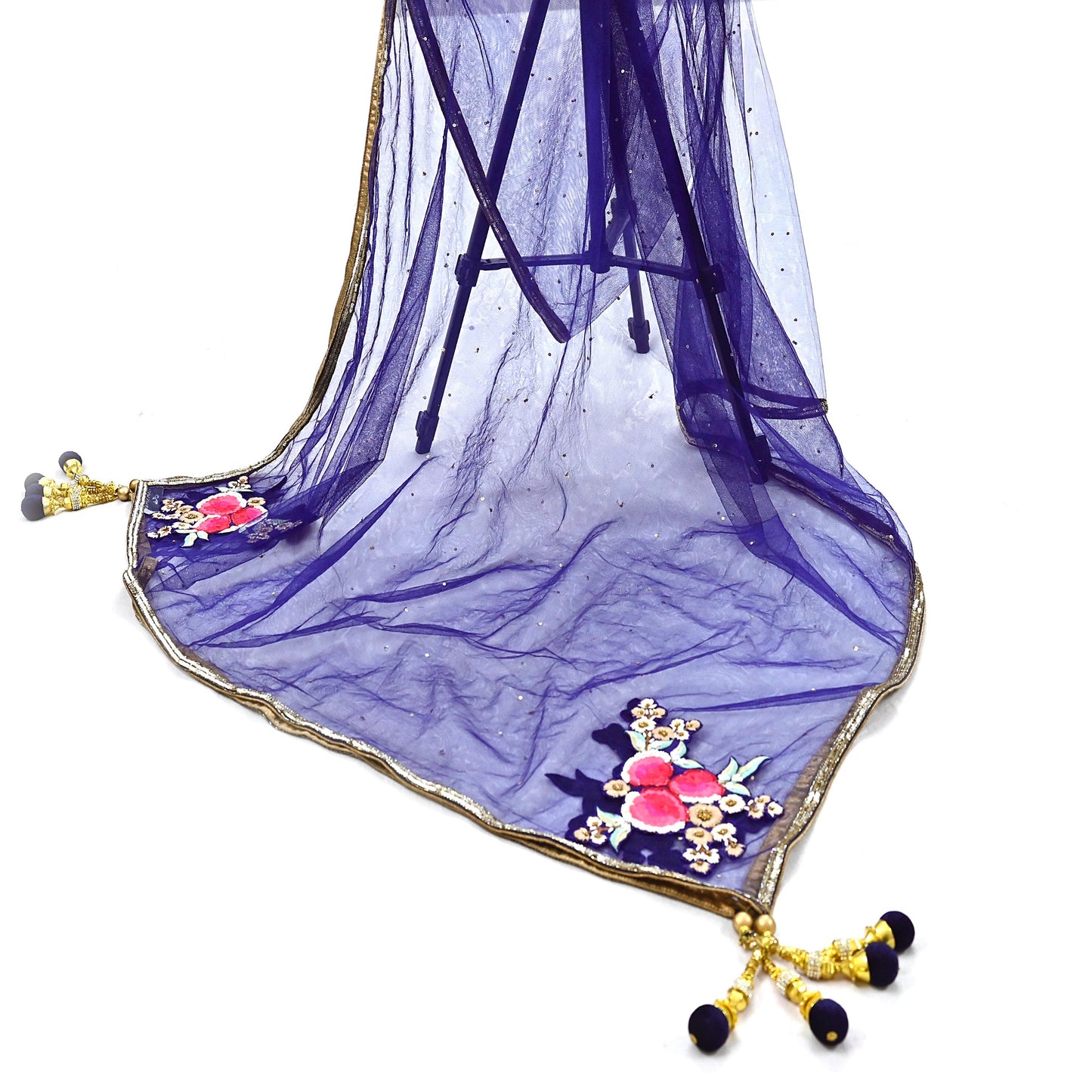 Deep Blue Net Hand Embroidered Dupatta by Anamika Khanna Bridal Zardozi Stole Indian Wedding Veil Designer Couture Scarf